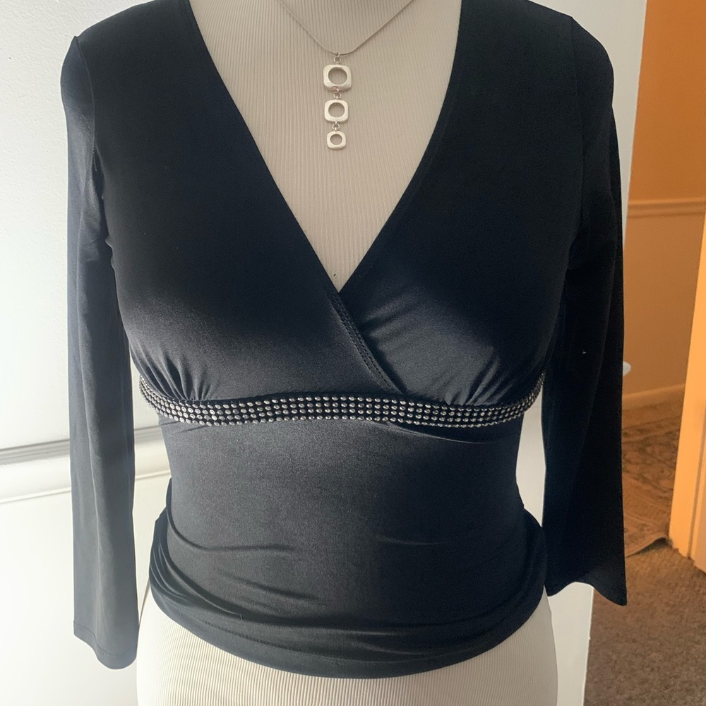 RAVE- Black V-Neck Women's Top with rhinestone detailing